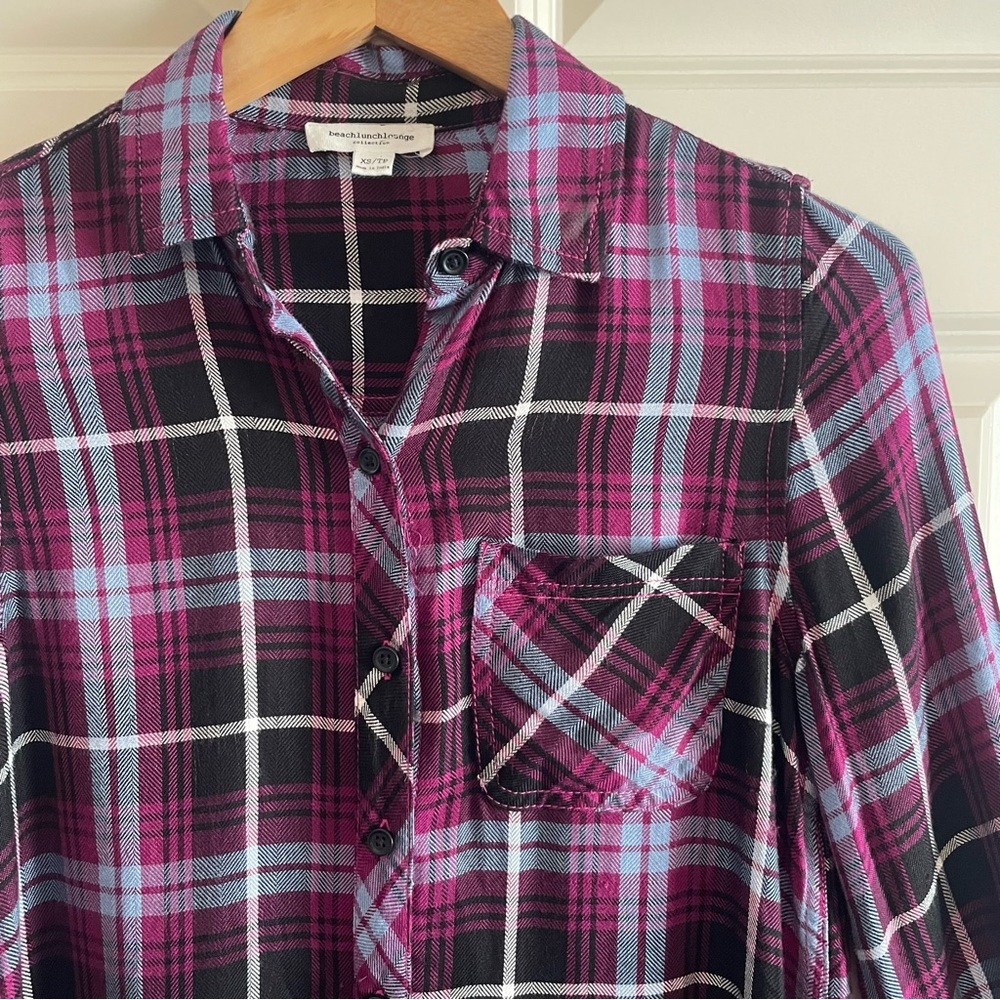 beachlunchlounge Pink and Blue Plaid Button Down Shirt Long Sleeve Cabincore